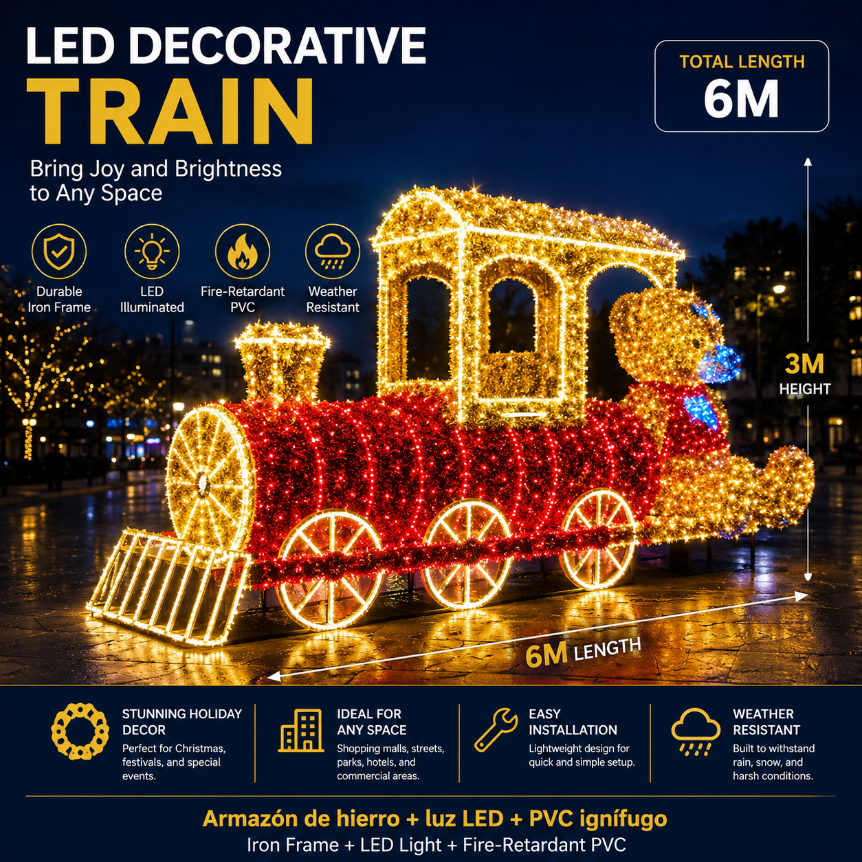 Commercial Holiday Lighting Solutions Giant 3D LED Decorative Train Display | Premium 6-Meter Teddy Bear Express Plaza Landscape Landmark