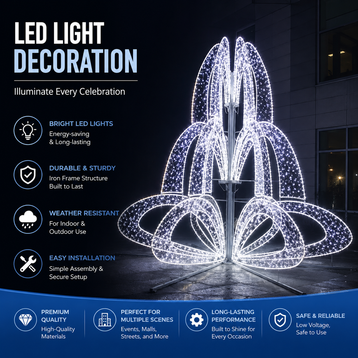 Commercial Holiday Lighting Solutions 3D LED Blossom Fountain Arch | Premium Giant Outdoor Architectural Light Sculpture