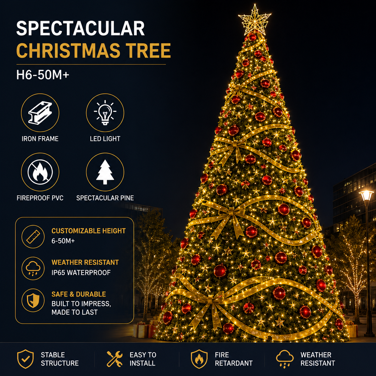 Commercial Holiday Lighting Solutions Spectacular Giant Pine Tree | Premium 6-50M+ LED Golden Ribbon Matrix Luxury Conical Christmas Tree Landmark Display
