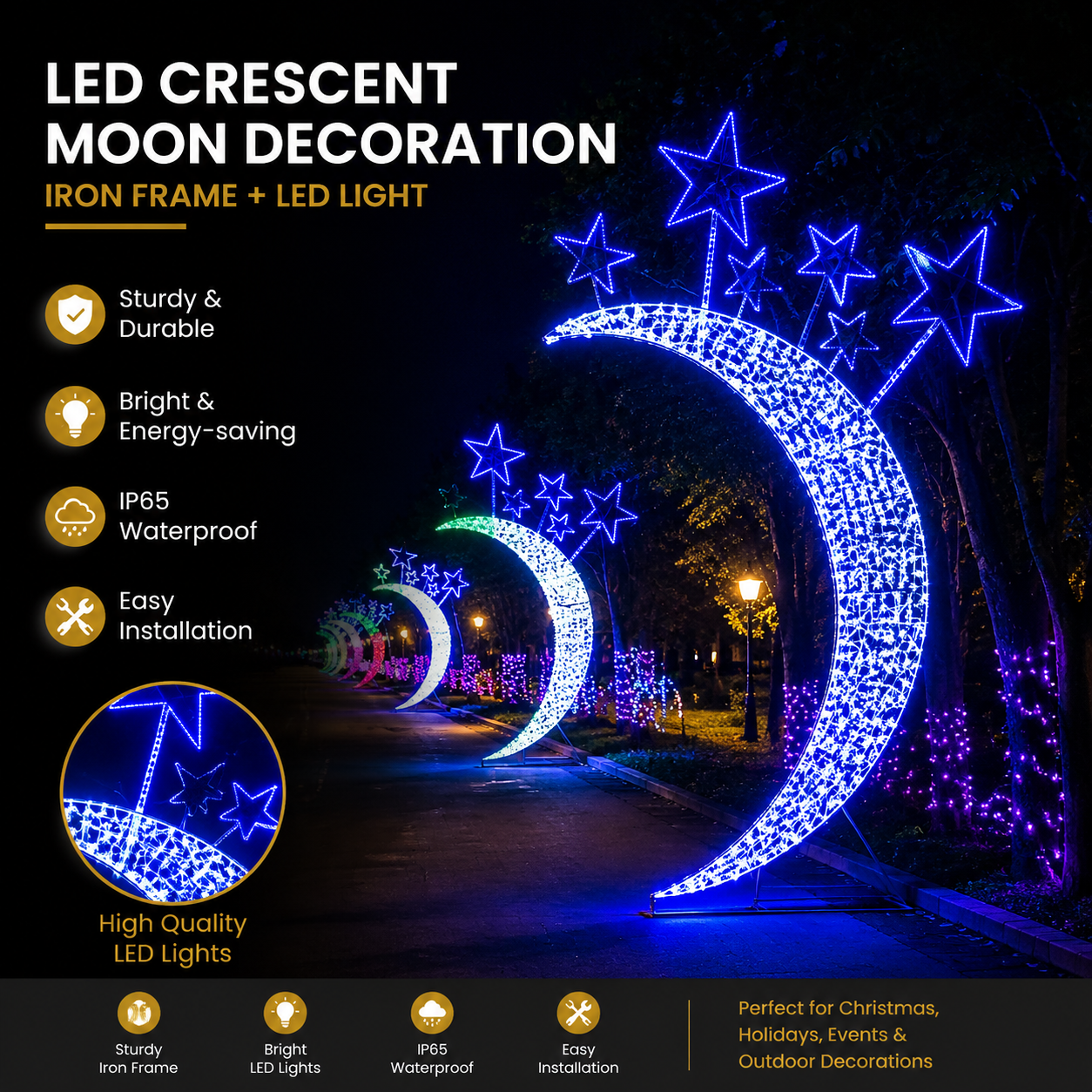 Commercial Holiday Lighting Solutions 3D LED Crescent Moon Decoration | Style D: Premium Multi-Star Burst Promenade Celestial Landmark