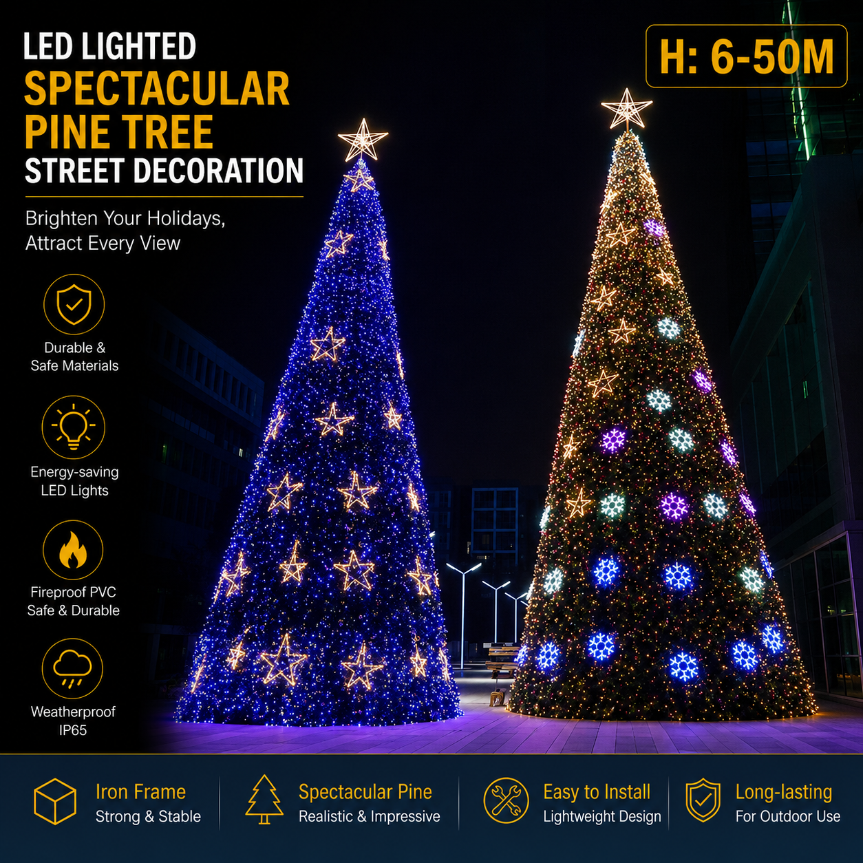 Commercial Holiday Lighting Solutions Spectacular Giant Pine Tree | Premium 6-50M LED Celestial Star & Snowflake Matrix Conical Christmas Tree Landmark Display