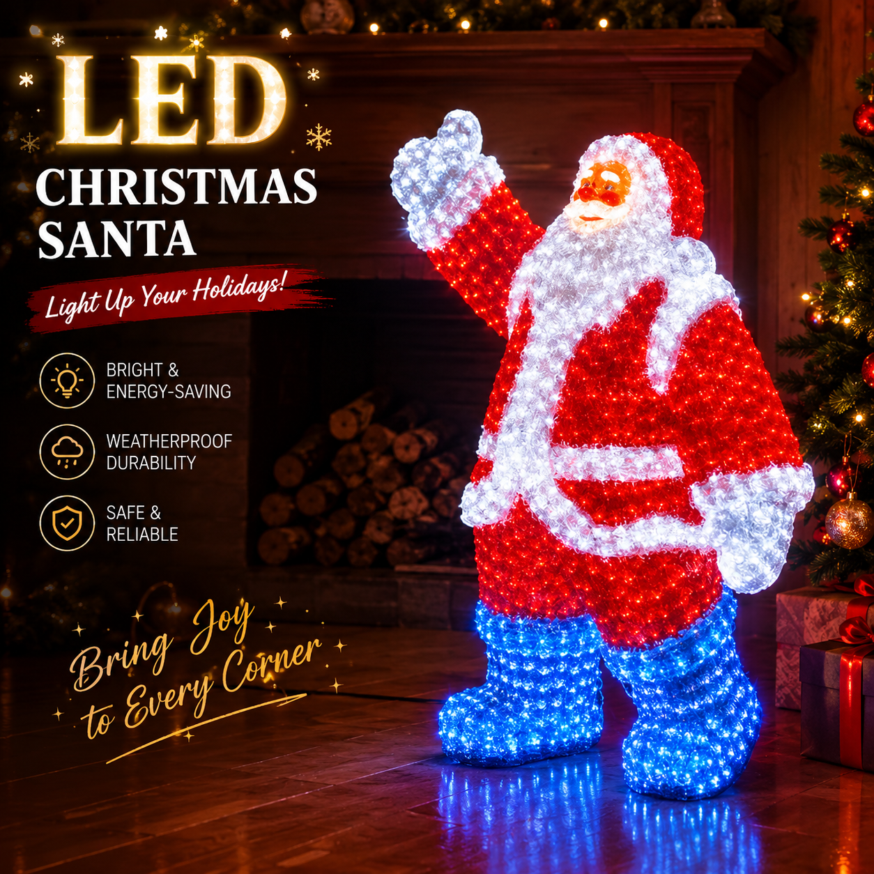 Commercial Holiday Lighting Solutions 3D LED Waving Santa Claus | Vibrant Acrylic Mesh Motif Display