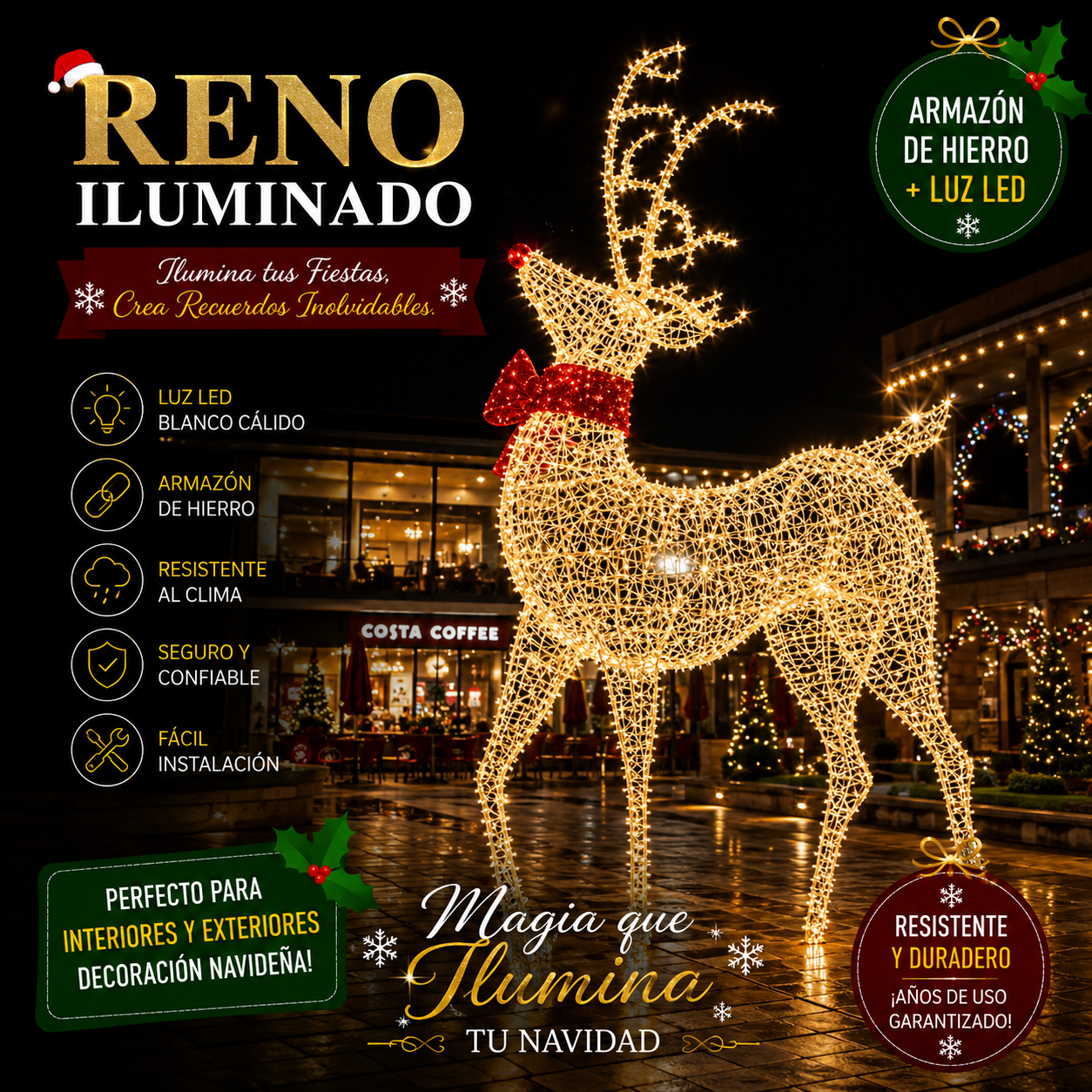 CommercialHolidayLightingSolutions 3D LED Illuminated Reindeer | Premium Outdoor Interactive Christmas Motif Display