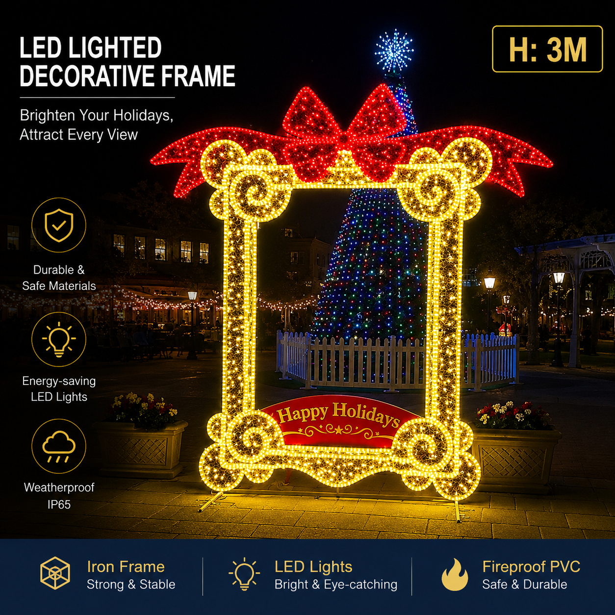 Commercial Holiday Lighting Solutions Giant 3D LED Decorative Frame | Premium 3-Meter Christmas Bow Plaza Interactive Walk-Through Photo-Op Landmark