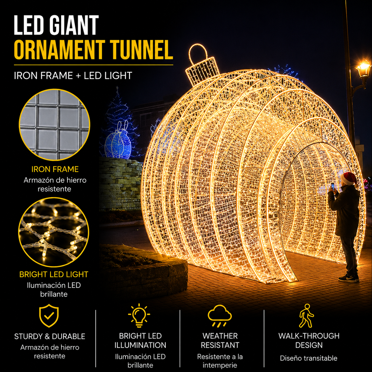 Commercial Holiday Lighting Solutions Walk-Through 3D LED Golden Bauble Tunnel | Premium Giant Festive Ornament Gateway Landmark