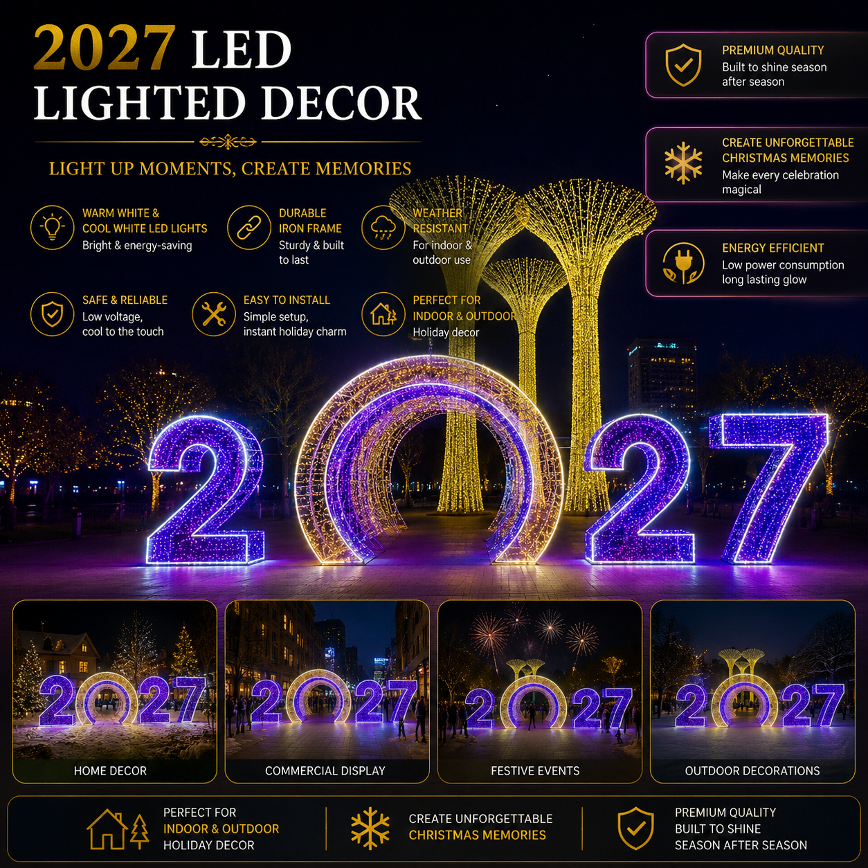 Commercial Holiday Lighting Solutions 3D LED 2027 New Year Immersive Walkthrough Tunnel | Premium Giant Dual-Tone Numeric Motif Display