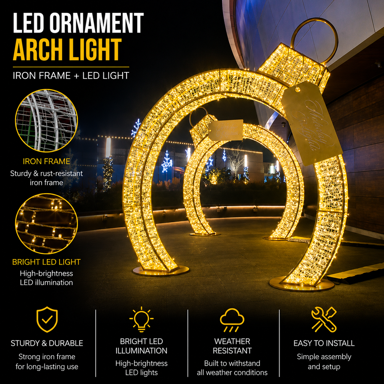 Commercial Holiday Lighting Solutions Walk-Through 3D LED Ornament Arch Light | Premium Giant Bauble Canopy Pathway Landmark