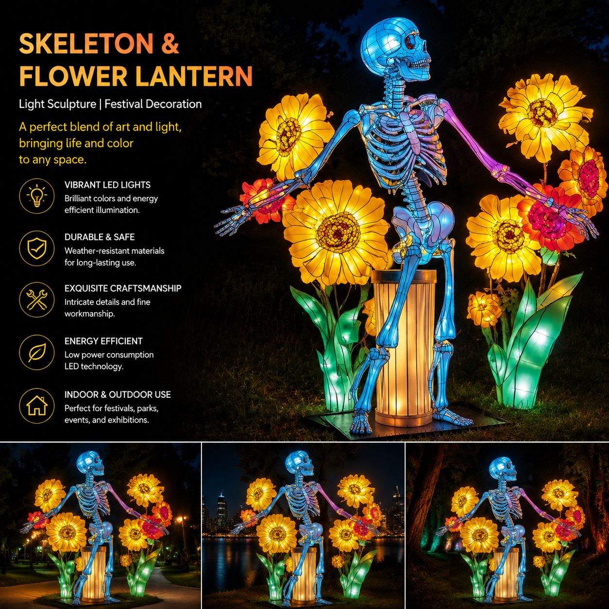 Bespoke Skeleton & Flower Lanterns | Professional Illuminated Light Sculptures for Festivals
