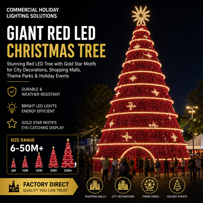 Factory Direct Giant Red LED Christmas Tree with Gold Star Motifs - Commercial Holiday Lighting Solutions for City Decorations