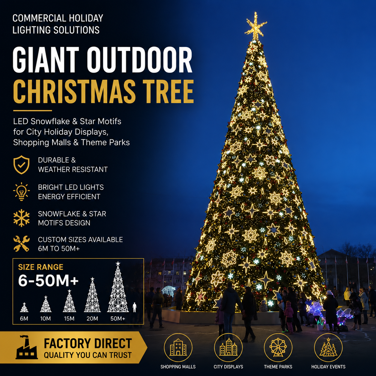 6m 10m 15m Giant Outdoor Christmas Tree | Commercial Pine Tree with LED Snowflake & Star Motifs for City Holiday Displays