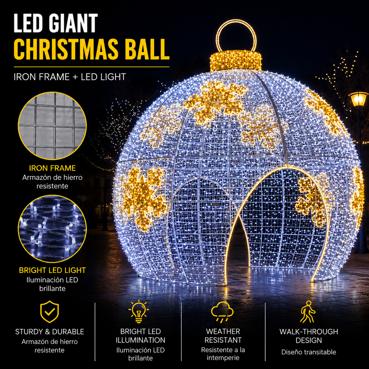 Commercial Holiday Lighting Solutions Walk-Through 3D LED Golden Snowflake Ball | Premium Giant Festive Bauble Tunnel Landmark