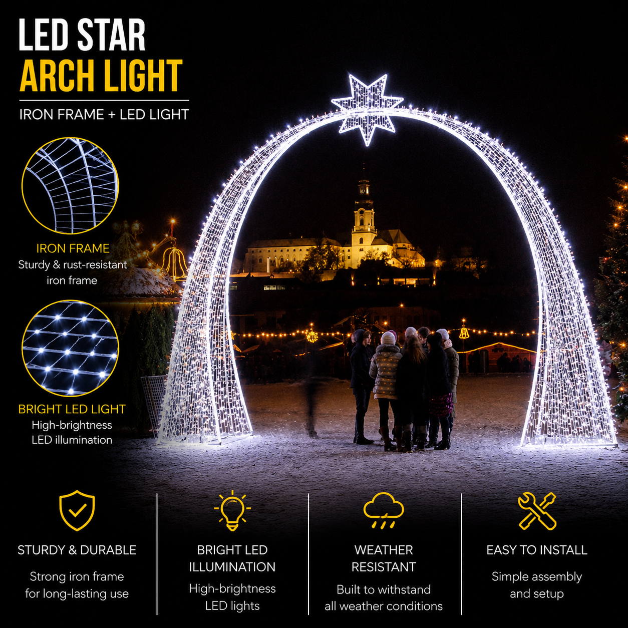 Commercial Holiday Lighting Solutions Walk-Through 3D LED Crystal Star Archway | Premium Bright White Starry Gateway Promenade Landmark