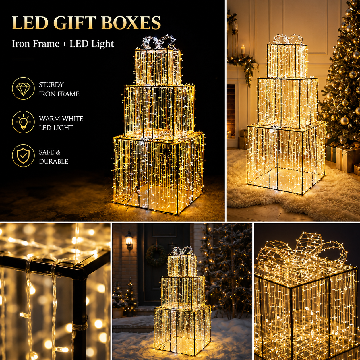 Commercial Holiday Lighting Solutions 3D LED Tiered Gift Box Tower | Premium Giant Stacked Present Motif Display