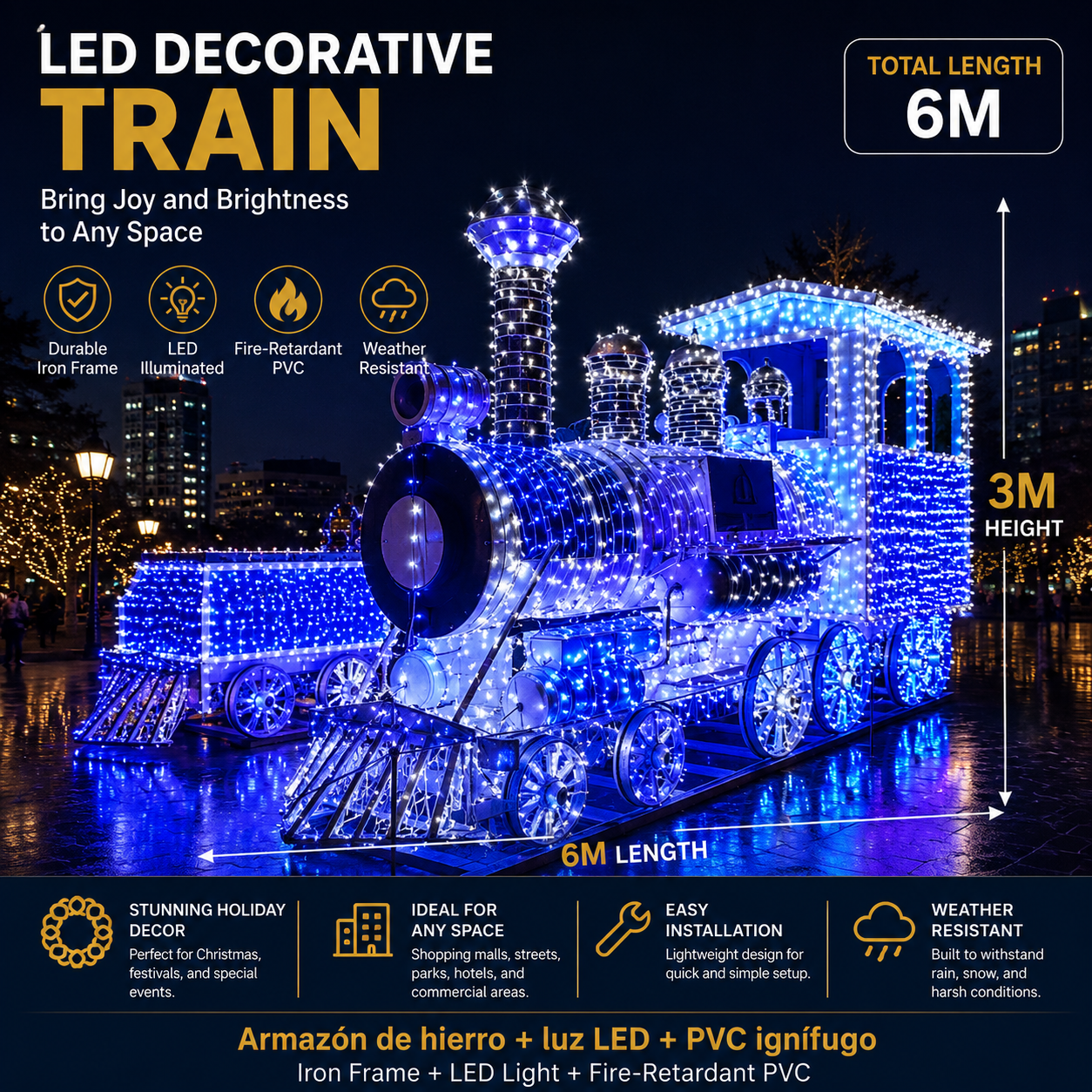 Commercial Holiday Lighting Solutions Giant 3D LED Decorative Train Display | Premium 6-Meter Sapphire Ice Express Plaza Landscape Landmark