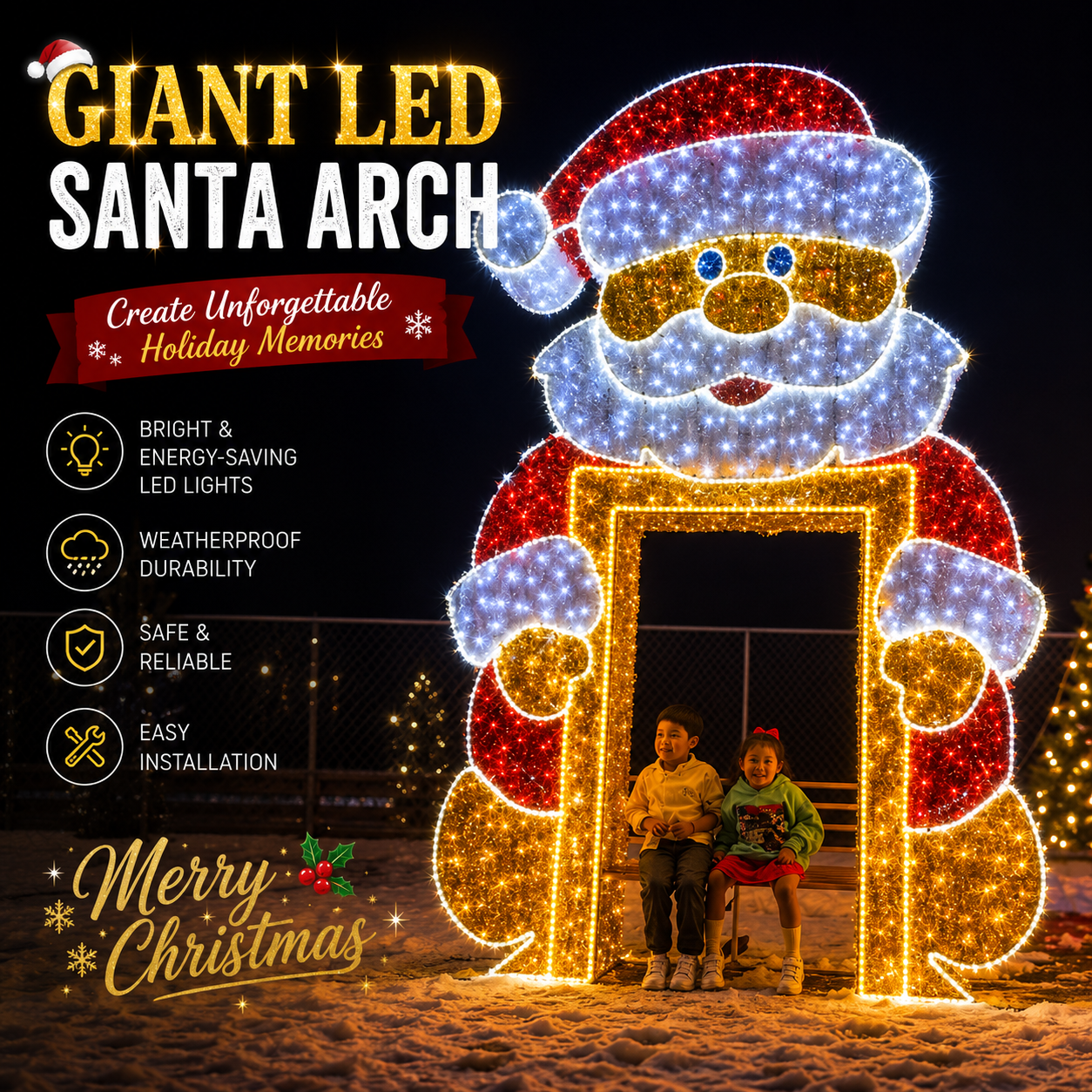 CommercialHolidayLightingSolutions 3D LED Santa Claus Photo Frame | Interactive Festive Motif Bench Display