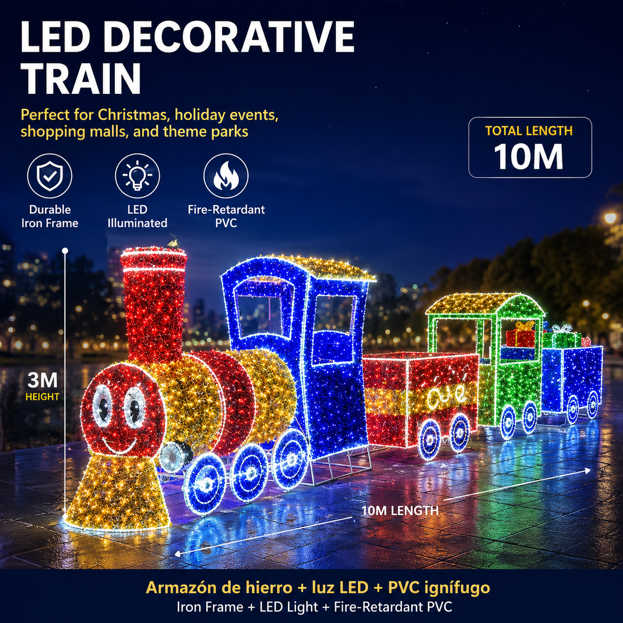 Commercial Holiday Lighting Solutions Giant 3D LED Decorative Train Sculpture | Premium 10-Meter Cartoon Express Plaza Landscape Landmark