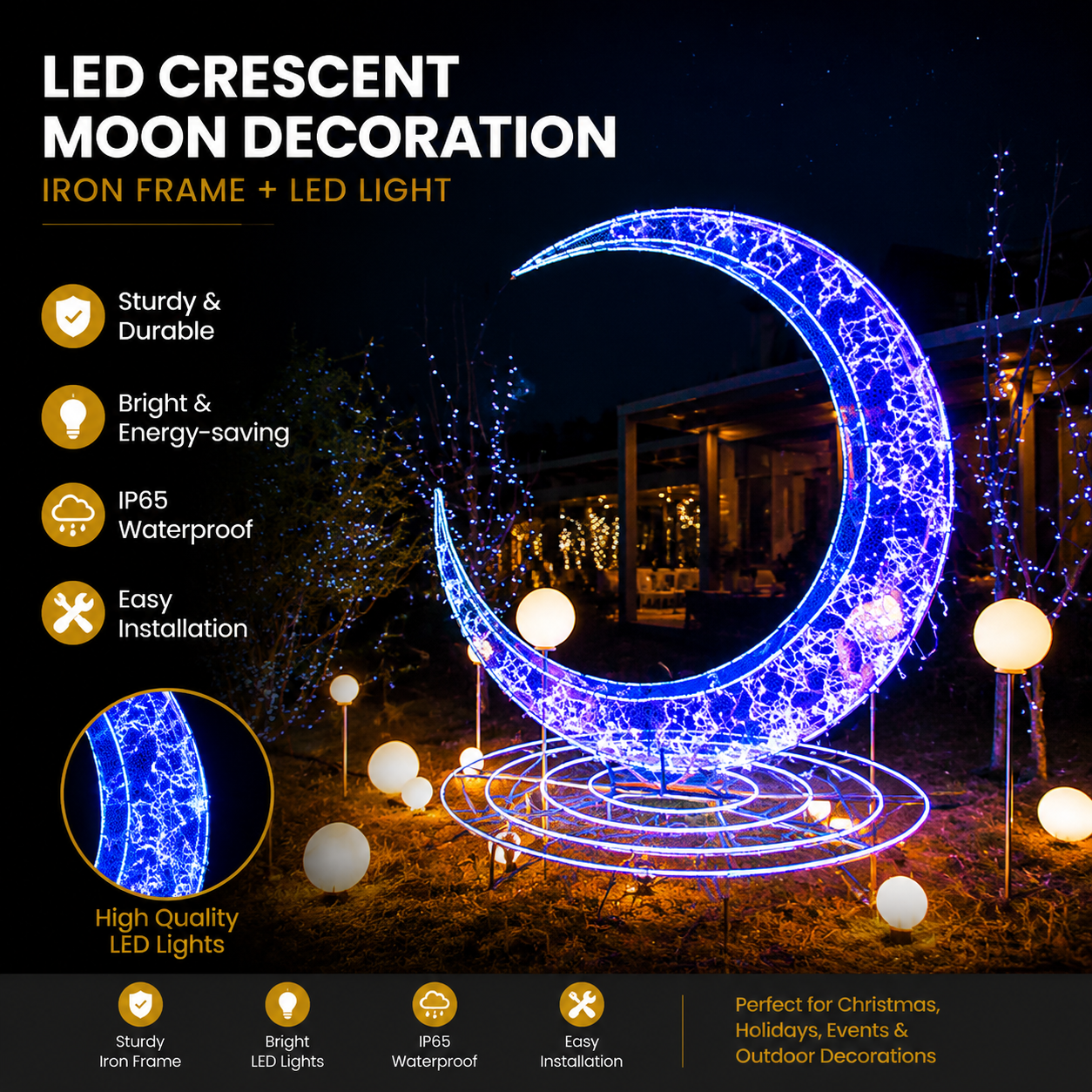Commercial Holiday Lighting Solutions 3D LED Crescent Moon Decoration | Style C: Premium Blue & White Ice-Crackle Mesh Celestial Landmark
