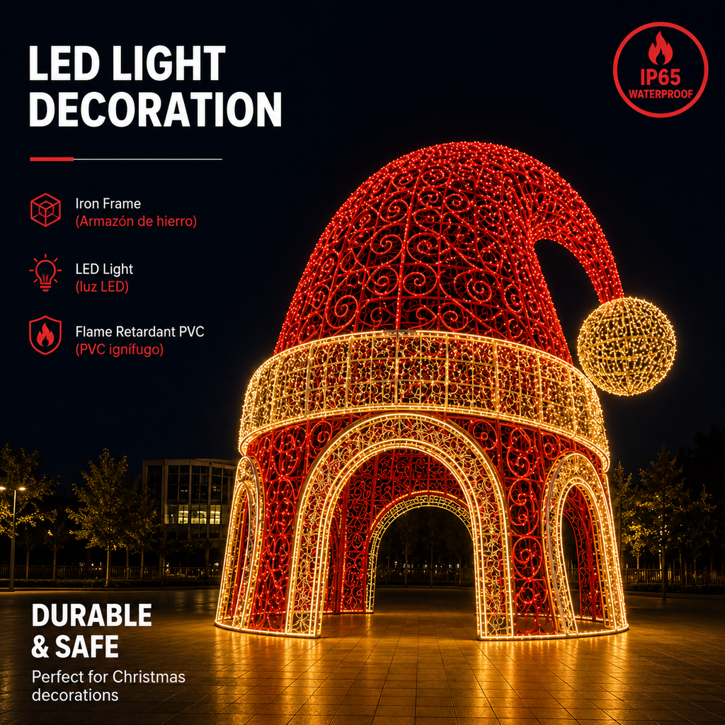 3m 4m 5m Commercial Walk-Through Santa Hat | Giant Outdoor 3D Christmas Pavilion Light for City Holiday Displays