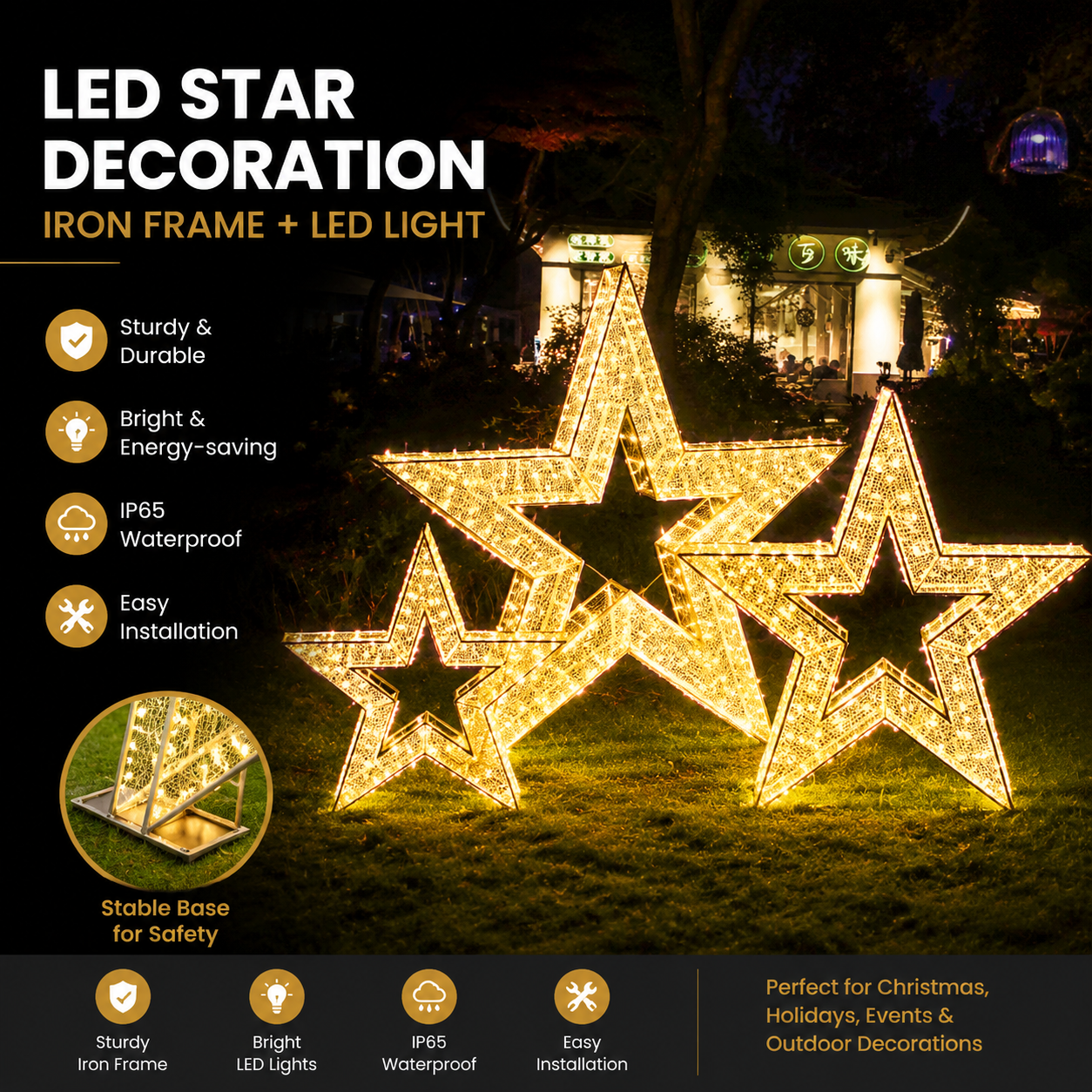 Commercial Holiday Lighting Solutions 3D LED Star Cluster Display | Premium Golden Multi-Piece Celestial Landscape Landmark