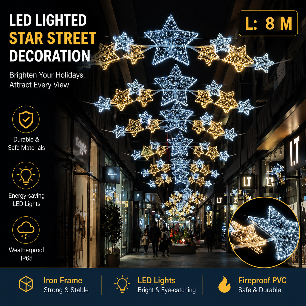 Commercial Holiday Lighting Solutions Giant LED Cross-Street Motif | Premium 8-Meter Infinite Starburst Canopy Sky Festival Over-the-Road Architectural Garland Illumination