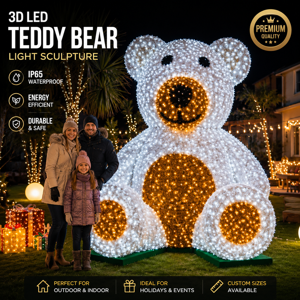 Commercial 3D LED Sitting Teddy Bear Sculpture | Flame-Retardant PVC Outdoor Light Display