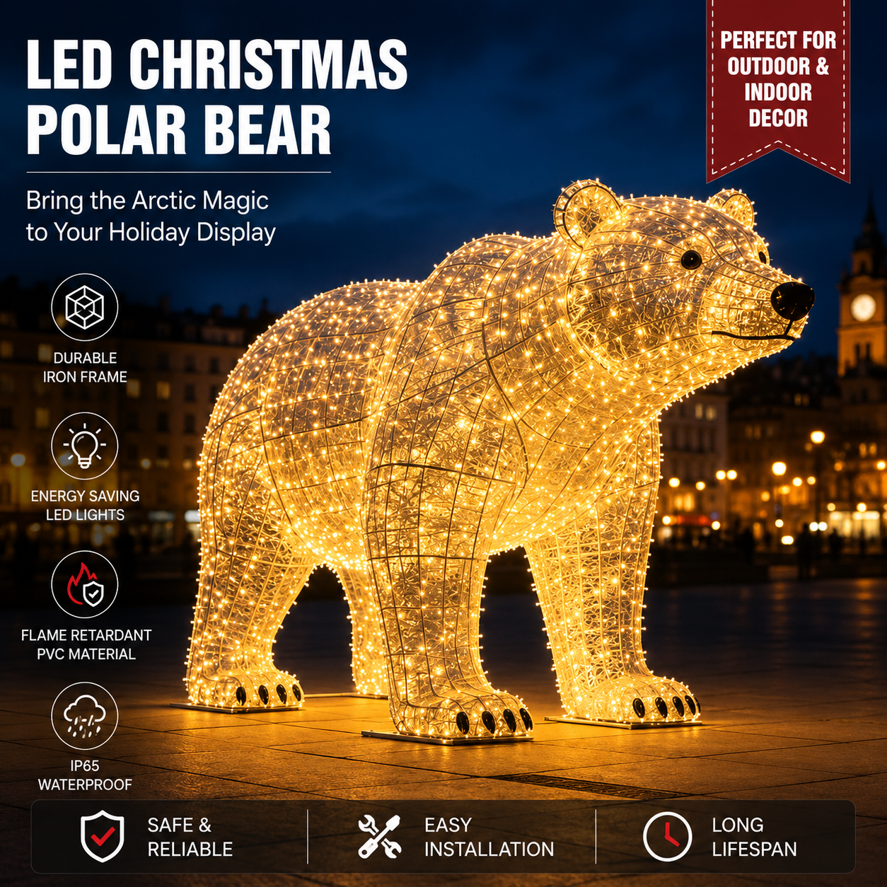 Commercial Holiday Lighting Solutions 3D LED Standing Polar Bear | Large Arctic Wildlife Motif Display