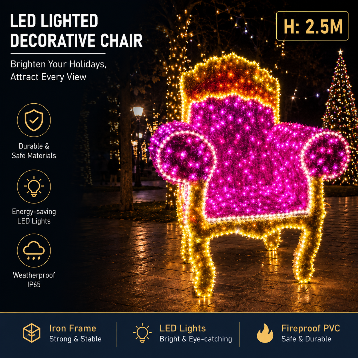 Commercial Holiday Lighting Solutions Giant 3D LED Decorative Chair | Premium 2.5-Meter Royal Tinsel Throne Plaza Interactive Photo-Op Landmark