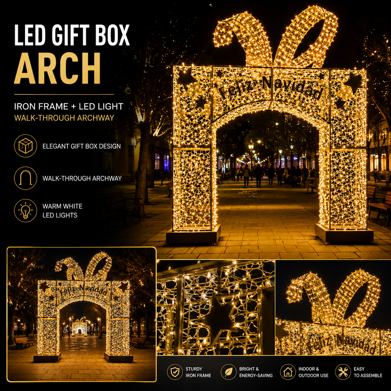 Commercial Holiday Lighting Solutions 3D LED Gift Box Arch "Feliz Navidad" | Premium Giant Walk-Through Present Motif Display