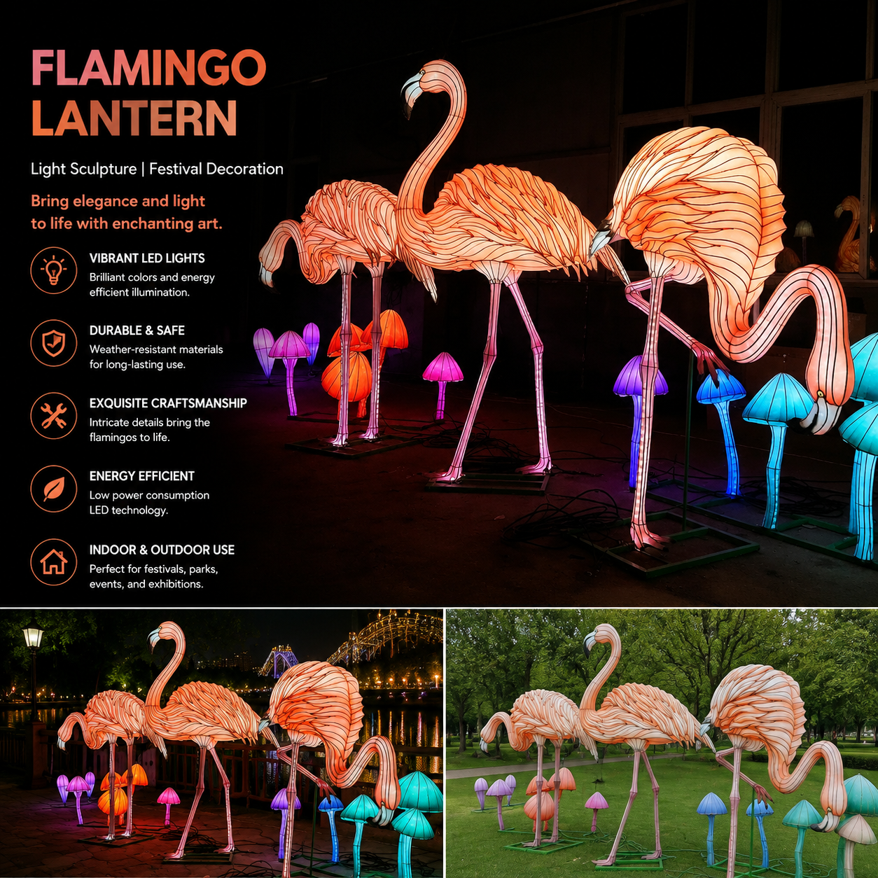 Bespoke Flamingo Lanterns | Professional Illuminated Light Sculptures for Festivals