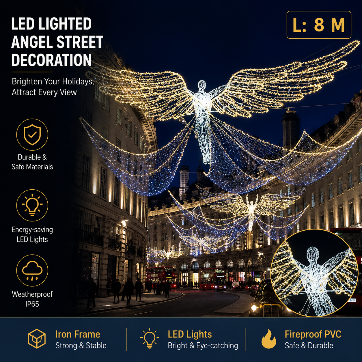 Commercial Holiday Lighting Solutions Giant LED Cross-Street Motif | Premium 8-Meter Guardian Angel Canopy Sky Festival Over-the-Road Architectural Garland Illumination