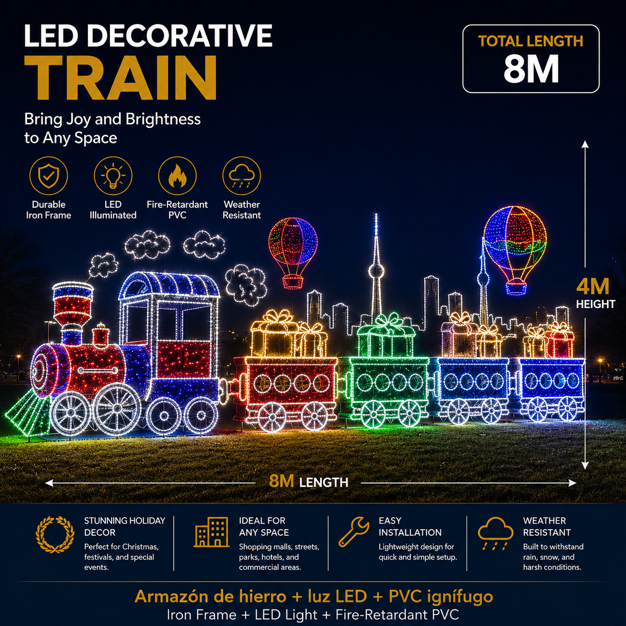 Commercial Holiday Lighting Solutions Giant 3D LED Decorative Train Display | Premium 8-Meter Horizon Festival Express Plaza Landscape Landmark