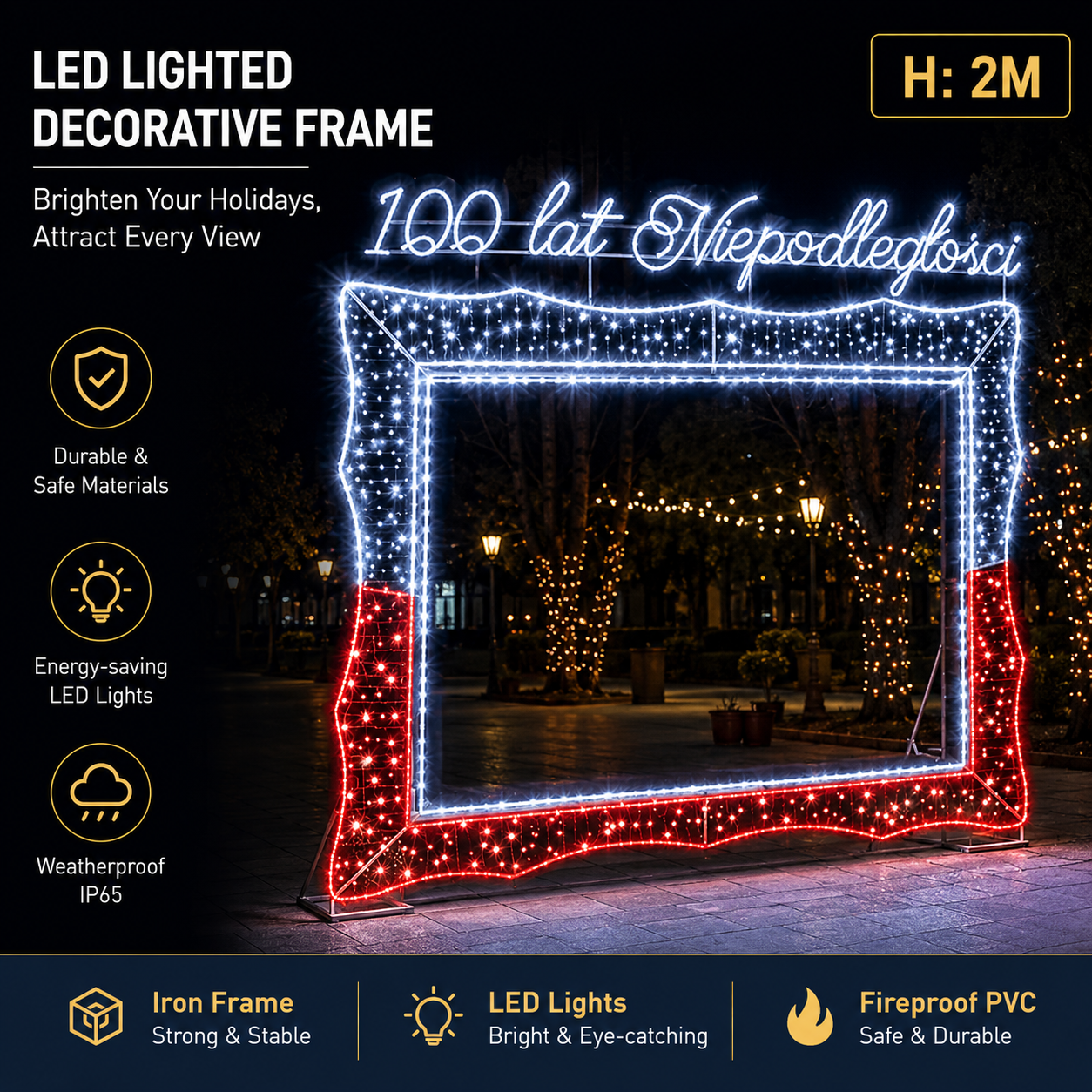 Commercial Holiday Lighting Solutions Giant 3D LED Decorative Frame | Premium 2-Meter National Independence Plaza Interactive Walk-Through Photo-Op Landmark