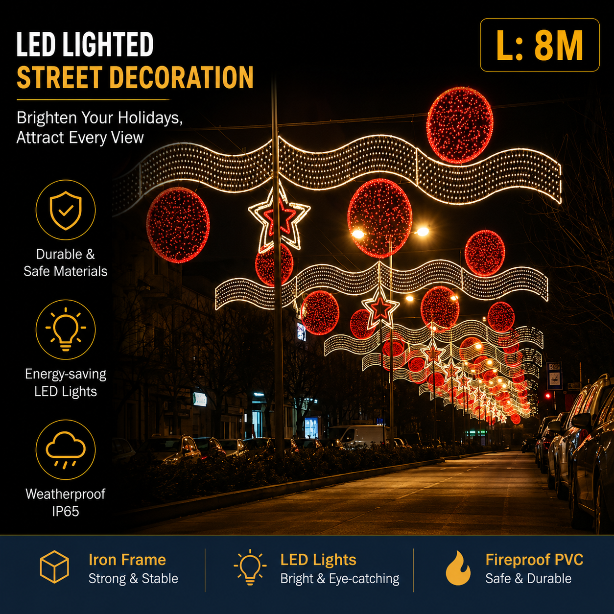 Commercial Holiday Lighting Solutions Giant LED Cross-Street Motif | Premium 8-Meter Festive Bauble Canopy Sky Festival Over-the-Road Architectural Garland Illumination