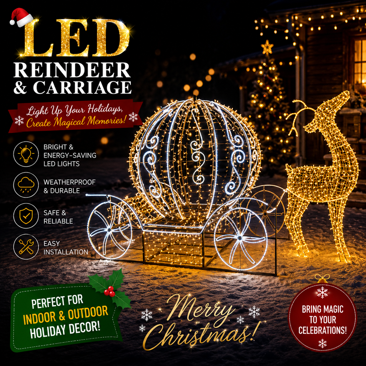 Commercial Holiday Lighting Solutions 3D LED Reindeer and Royal Carriage | Premium Outdoor Festive Motif Display