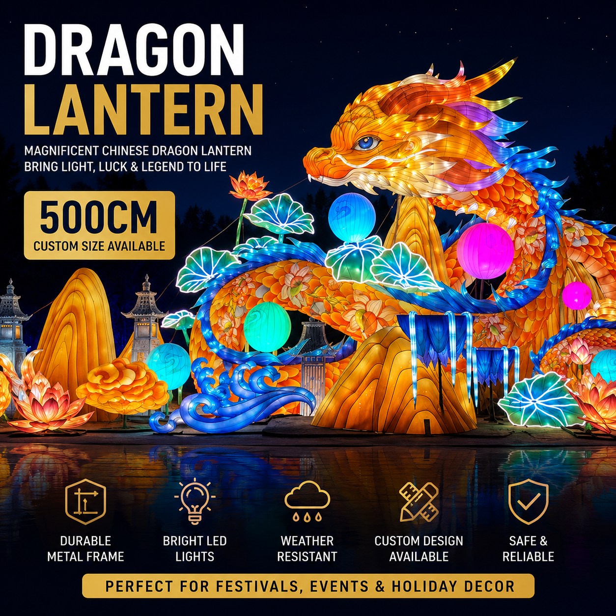 Magnificent Chinese Dragon Lantern | Bespoke Illuminated Art for Festival Decorations & Cultural Exhibitions