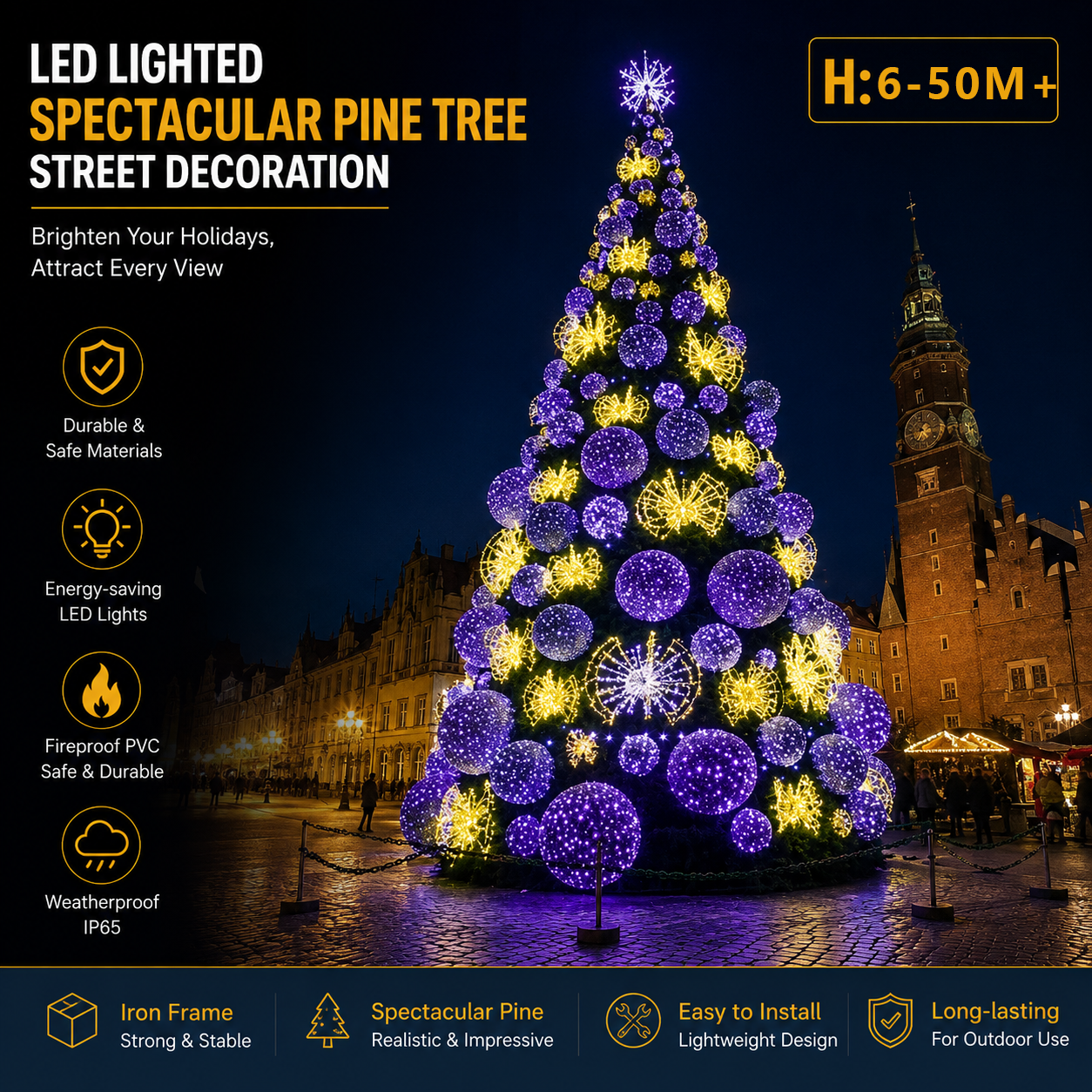 Commercial Holiday Lighting Solutions Spectacular Giant Pine Tree | Premium 6-50M+ LED Spherical Bauble Matrix Luxury Conical Christmas Tree Landmark Display