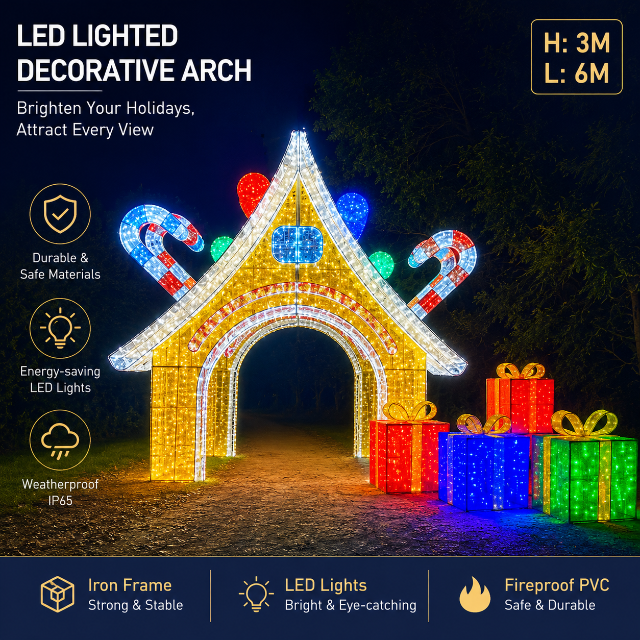 Commercial Holiday Lighting Solutions Giant 3D LED Decorative Arch | Premium 6-Meter Festive Gingerbread Gate Plaza Walk-Through Motif Garland Landmark