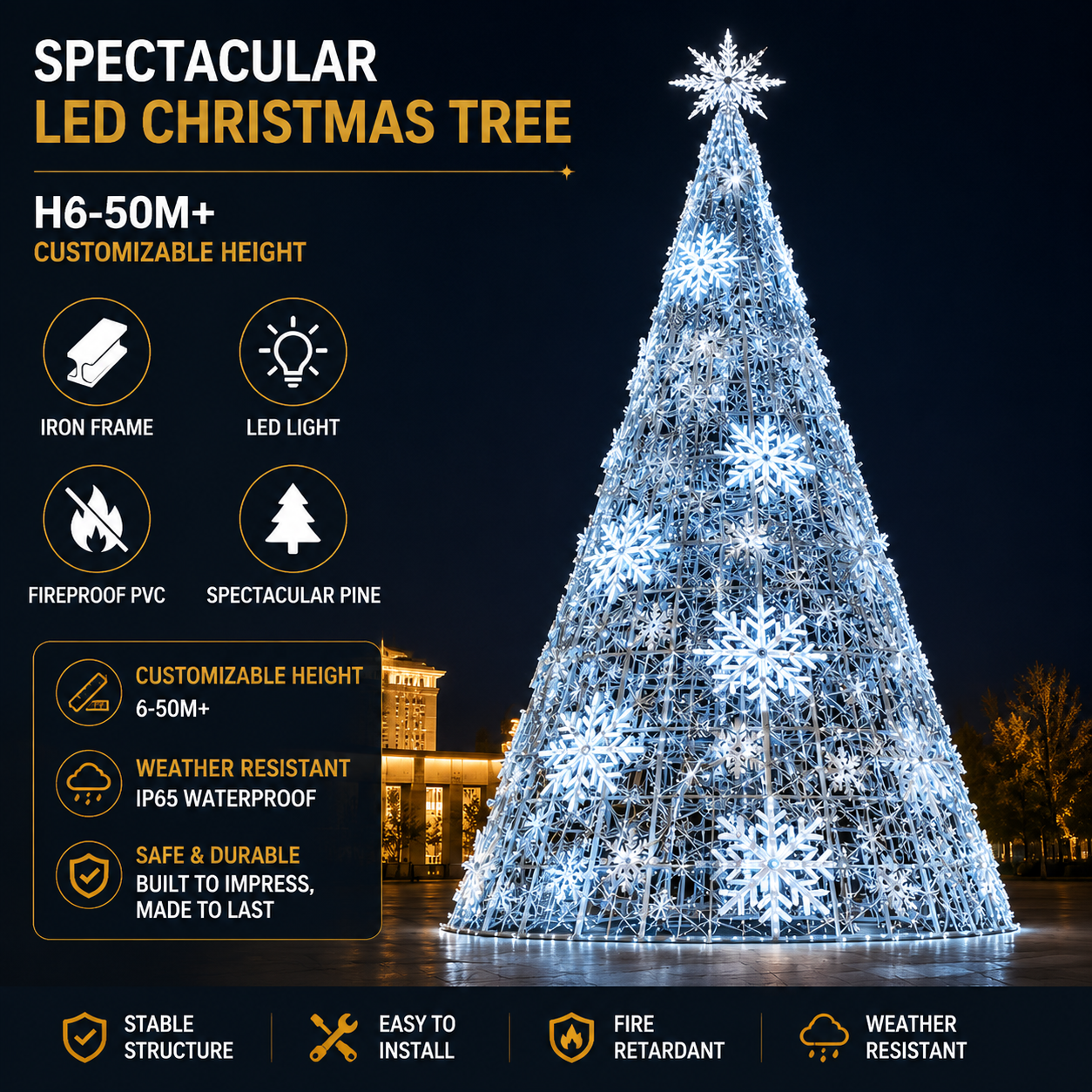 Commercial Holiday Lighting Solutions | Master-Series Giant Snowflake Lattice Tower for City Decorations