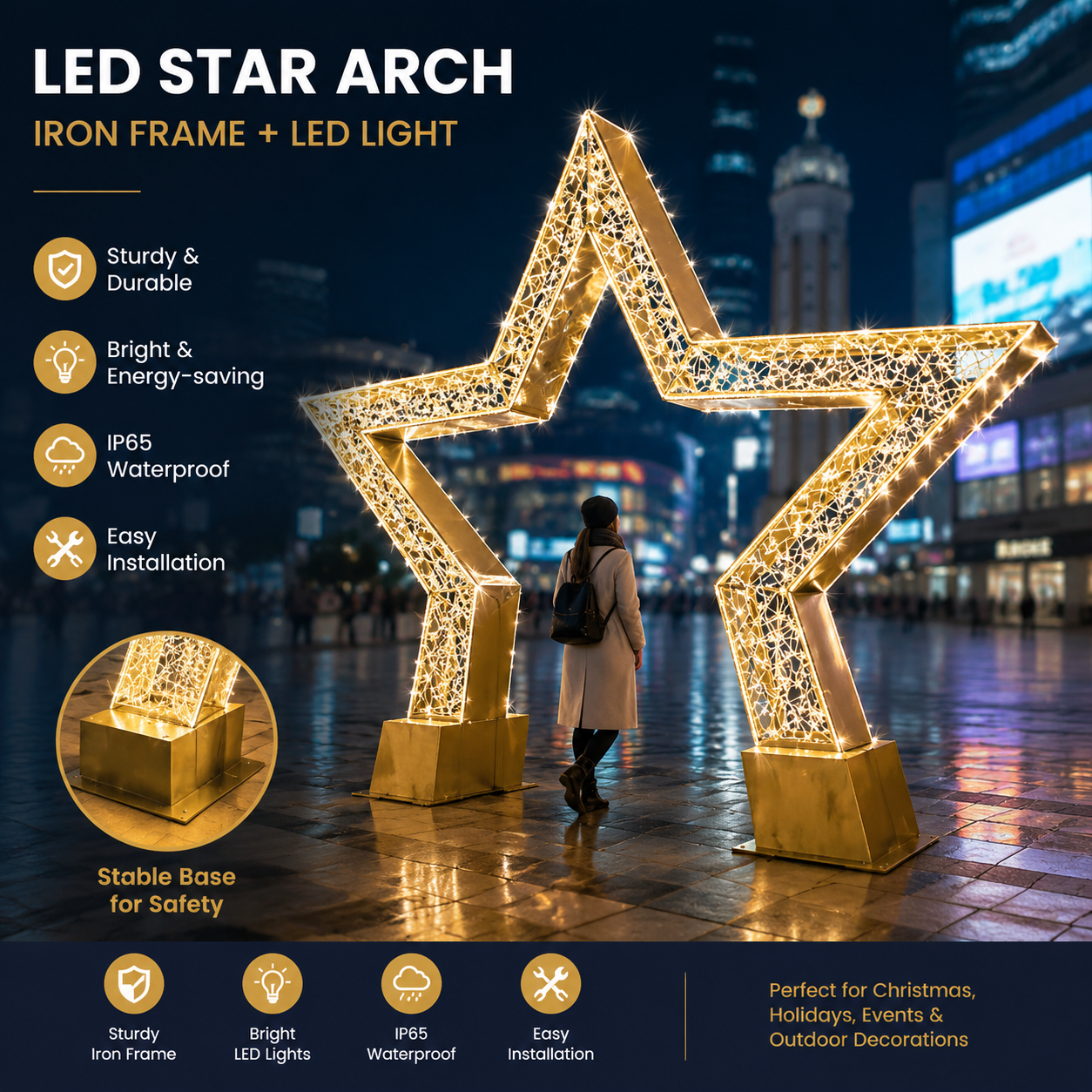 Commercial Holiday Lighting Solutions Walk-Through 3D LED Star Arch Style 3| Premium Golden Five-Point Celestial Motif Promenade Gateway