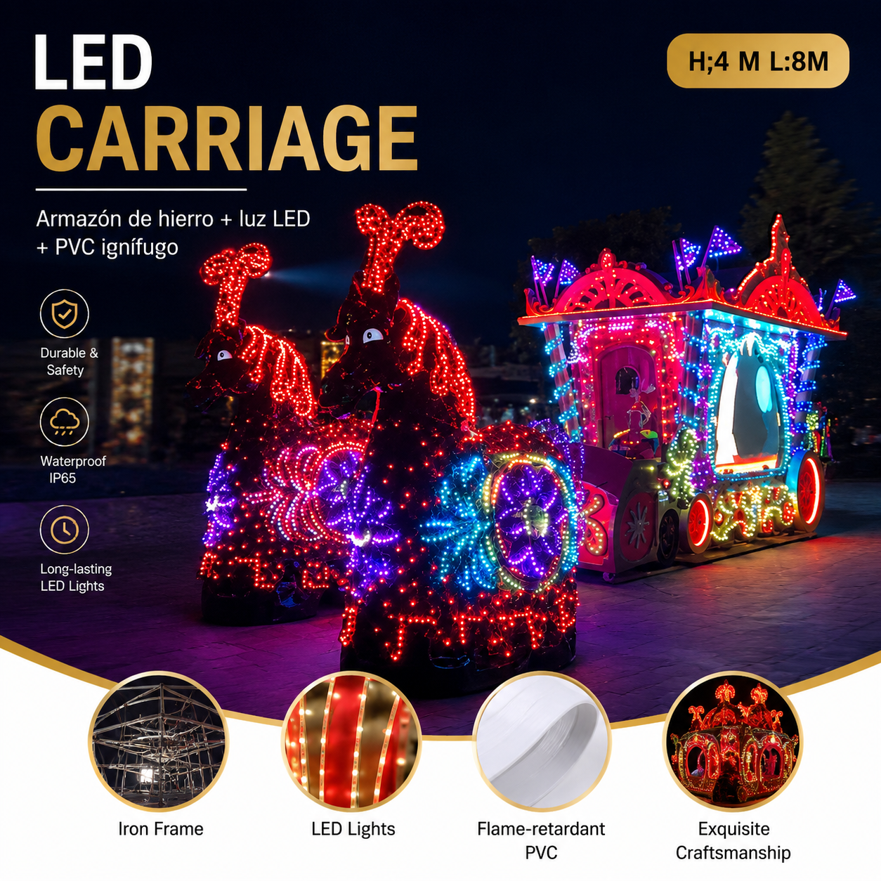 Commercial Holiday Lighting Solutions Giant 3D LED Decorative Carriage Display | Premium 8-Meter Romantic Fairy-Tale Horse-Drawn Cinderella Carriage Plaza Interactive Landmark