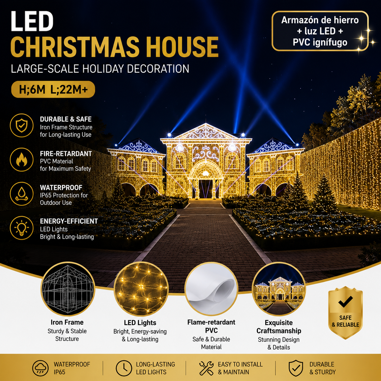 Commercial Holiday Lighting Solutions Giant 3D LED Christmas House | Premium 22-Meter Majestic Palace Walk-Through Estate Plaza Landscape Landmark