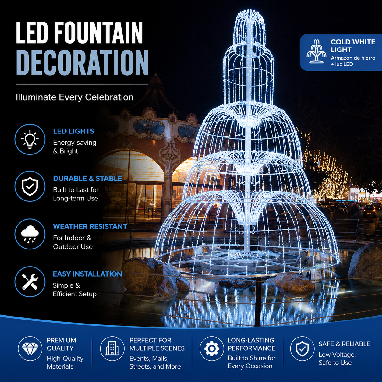 Commercial Holiday Lighting Solutions 3D LED Fountain Display | Premium Giant Outdoor Water Cascade Motif
