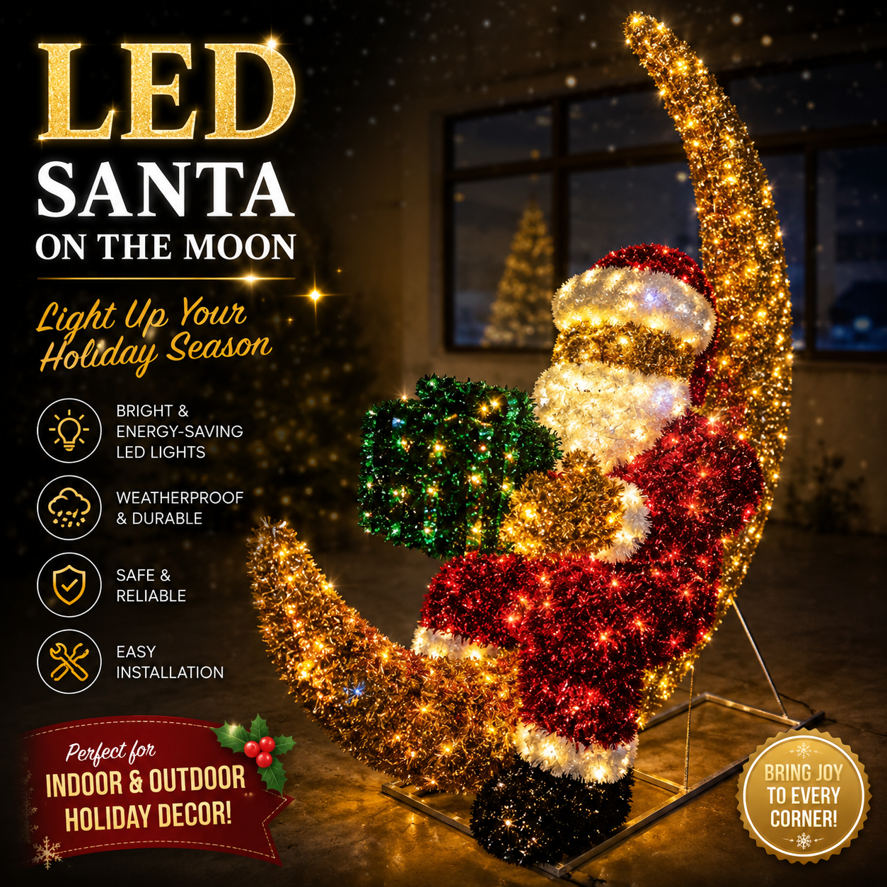 Commercial Holiday Lighting Solutions 3D LED Santa Claus on Crescent Moon | Premium Outdoor Festive Motif Display