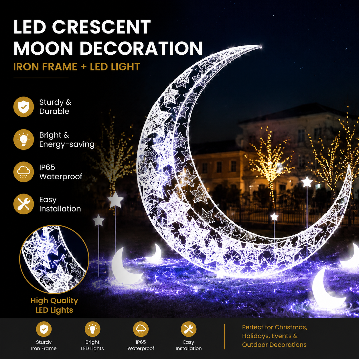Commercial Holiday Lighting Solutions 3D LED Crescent Moon Decoration | Style A: Premium White Star-Filled Celestial Landmark