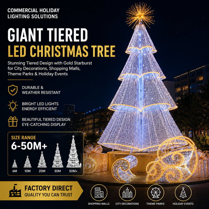 Factory Direct Giant Tiered LED Christmas Tree with Gold Starburst - Commercial Holiday Lighting Solutions for City Decorations