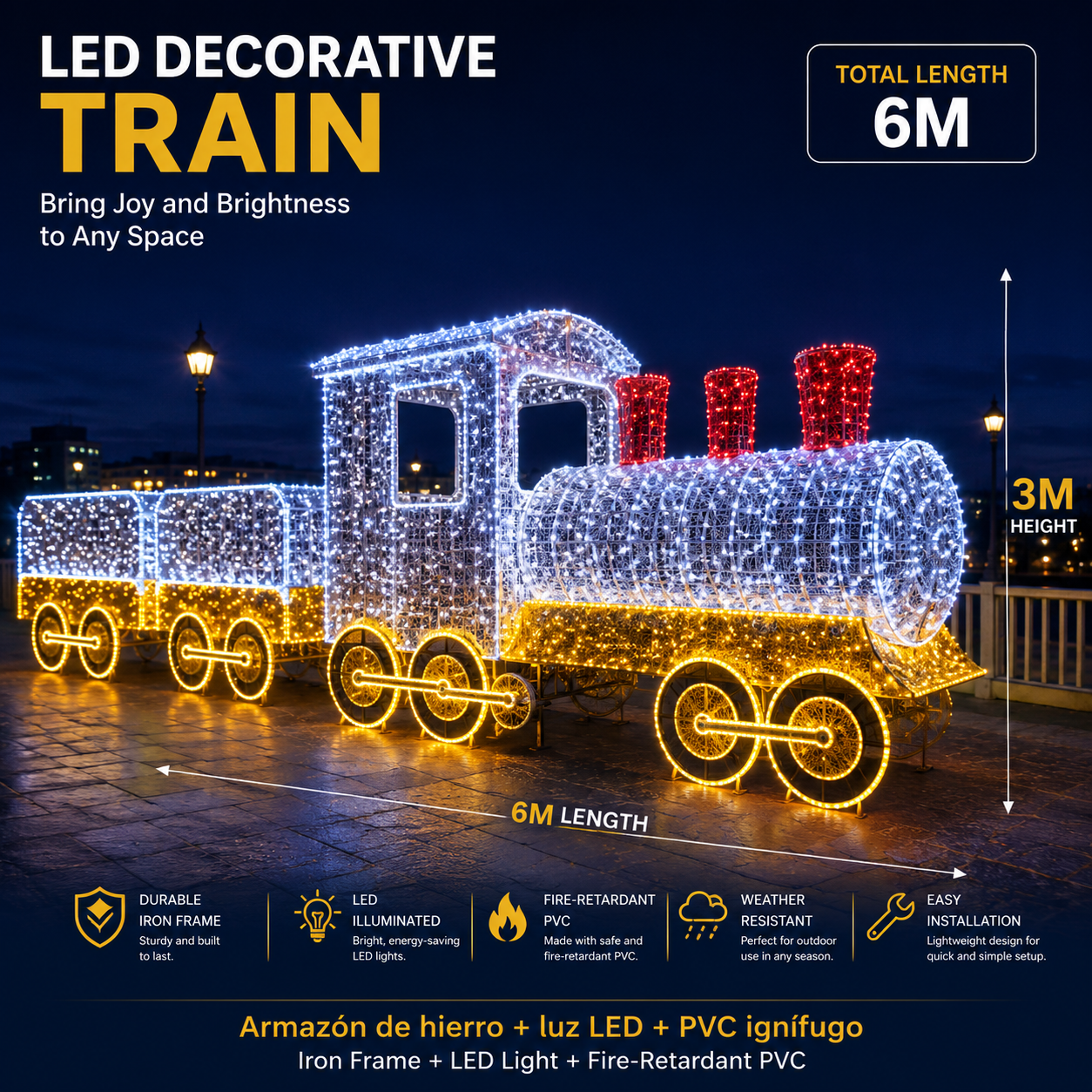 Commercial Holiday Lighting Solutions Giant 3D LED Decorative Train Display | Premium 6-Meter Golden Wheel Express Plaza Landscape Landmark