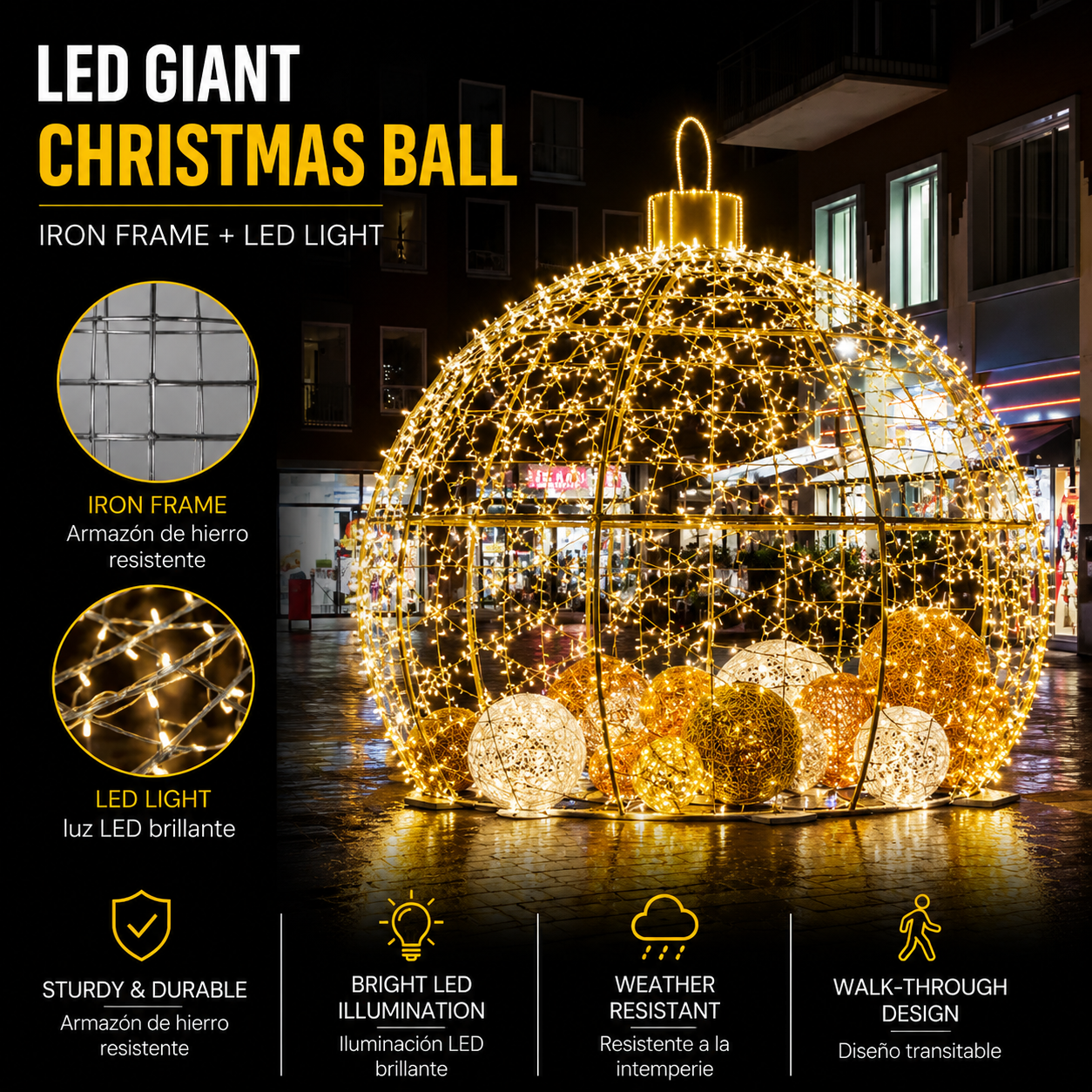 Commercial Holiday Lighting Solutions Walk-Through 3D LED Golden Bauble Hub | Premium Giant Christmas Ball Landmark