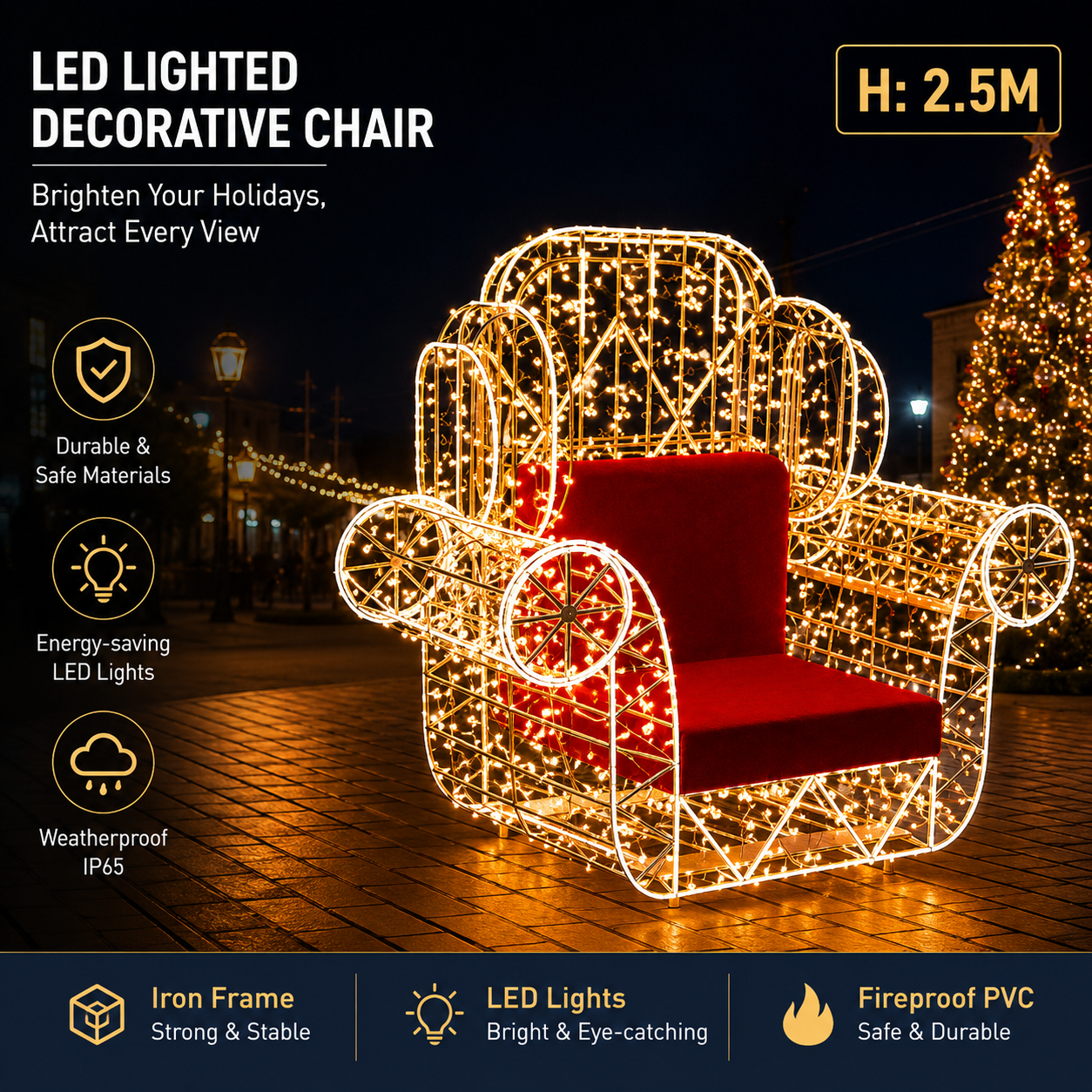Commercial Holiday Lighting Solutions Giant 3D LED Decorative Chair | Premium 2.5-Meter Festive Santa Claus Armchair Plaza Interactive Photo-Op Landmark
