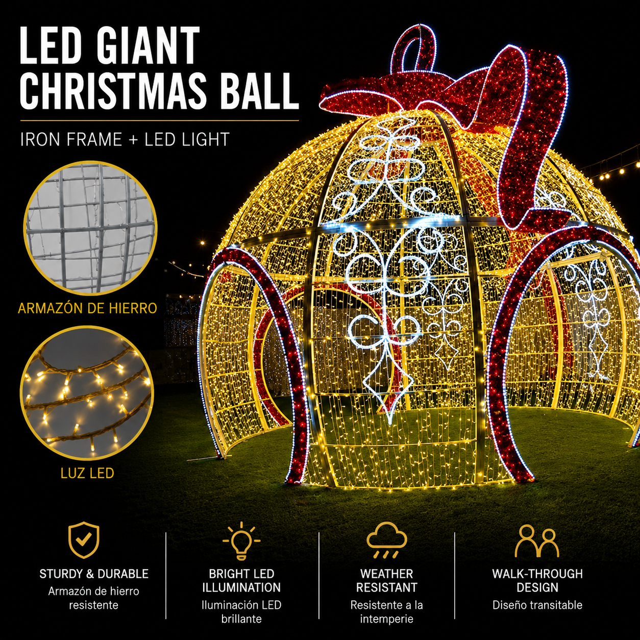 Commercial Holiday Lighting Solutions Walk-Through 3D LED Golden Bow Sphere | Premium Giant Christmas Ball Landmark