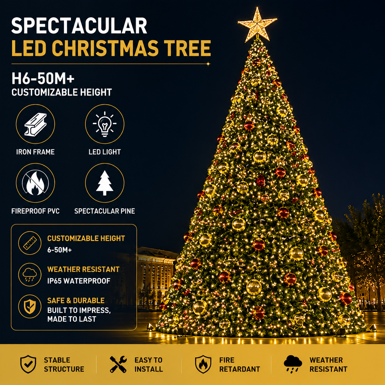 Commercial Holiday Lighting Solutions Spectacular Giant Pine Tree | Premium 6-50M+ LED Bauble Matrix Luxury Conical Christmas Tree Landmark Display